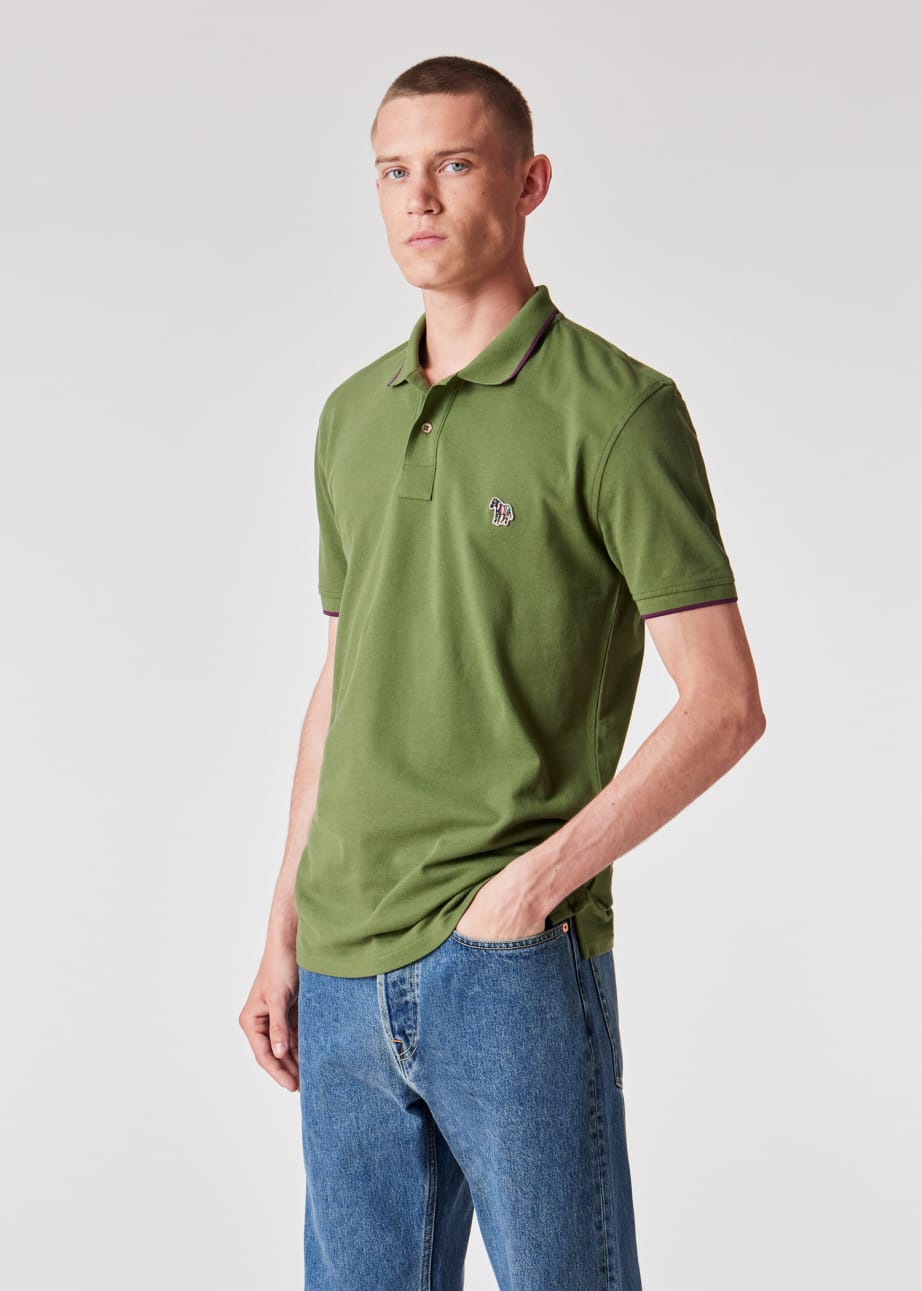 Model View - Slim-Fit Khaki Zebra Logo Polo Shirt With Purple Tipping Paul Smith