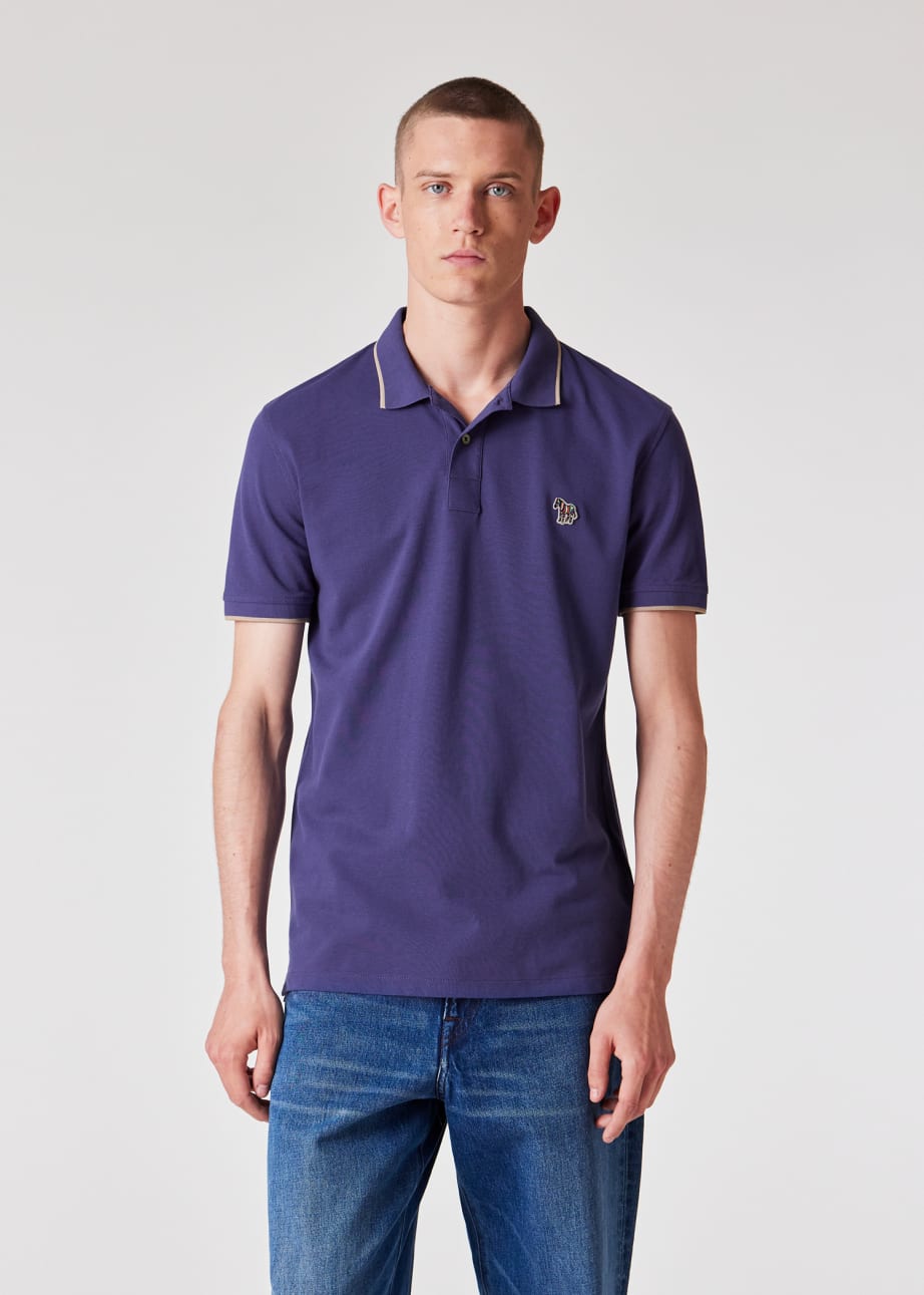 Model View - Slim-Fit Dark Cobalt Zebra Logo Polo Shirt With Cream Tipping Paul Smith