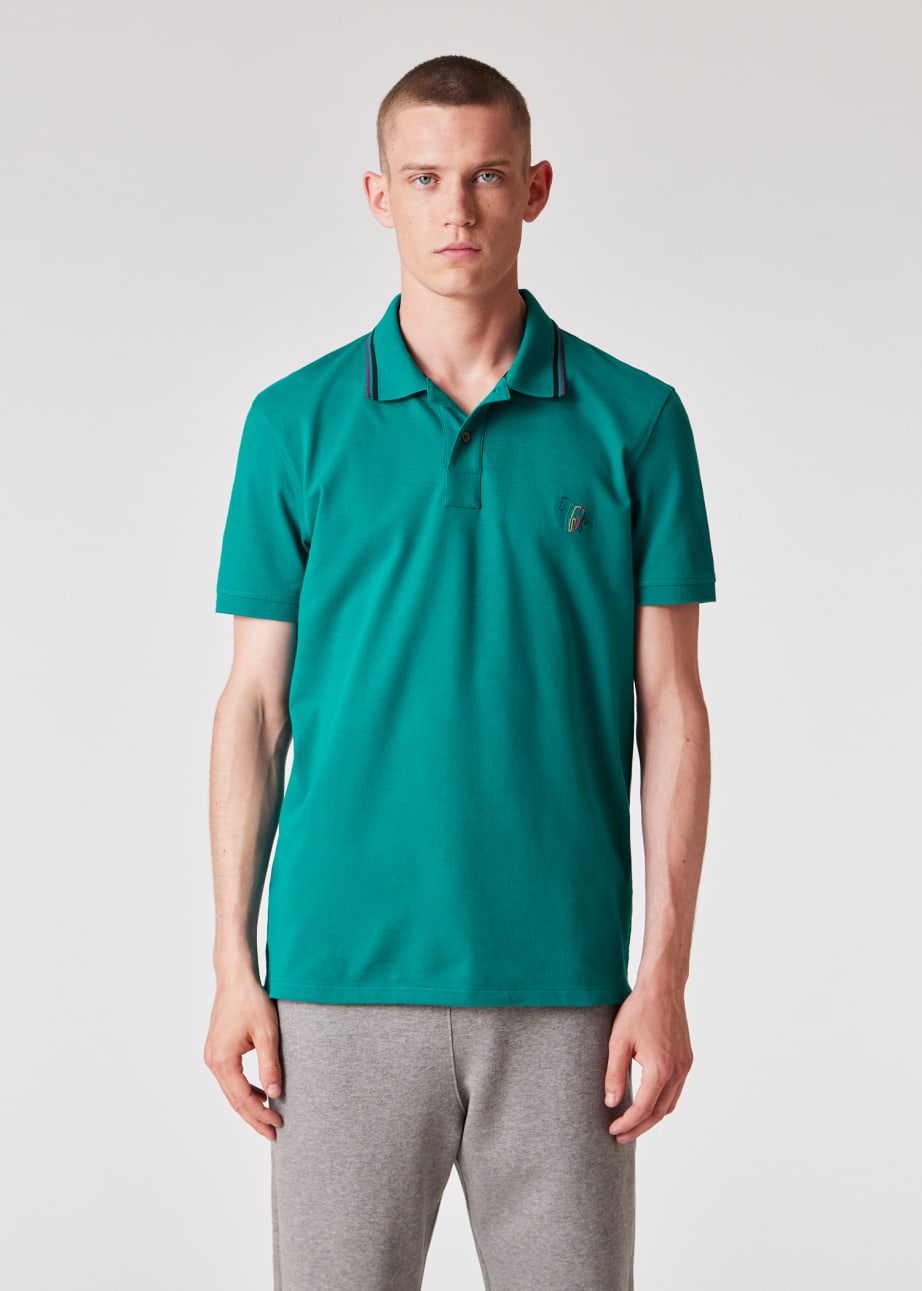 Model View - Teal Stretch-Cotton 'Broad Stripe Zebra' Polo Shirt Paul Smith