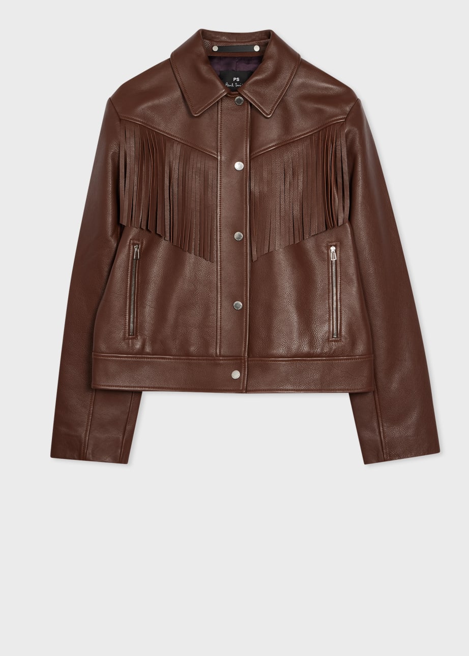 Front View - Women's Chocolate Brown Leather Fringe Jacket Paul Smith