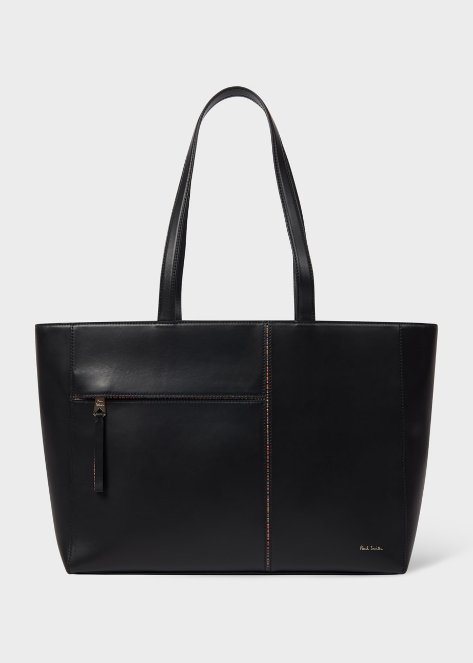 Front View - Women's Black Leather 'Signature Stripe' Trim Tote Bag Paul Smith