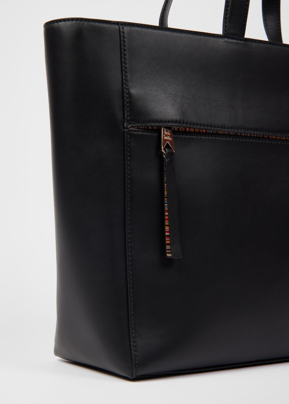 Detail View - Women's Black Leather 'Signature Stripe' Trim Tote Bag Paul Smith