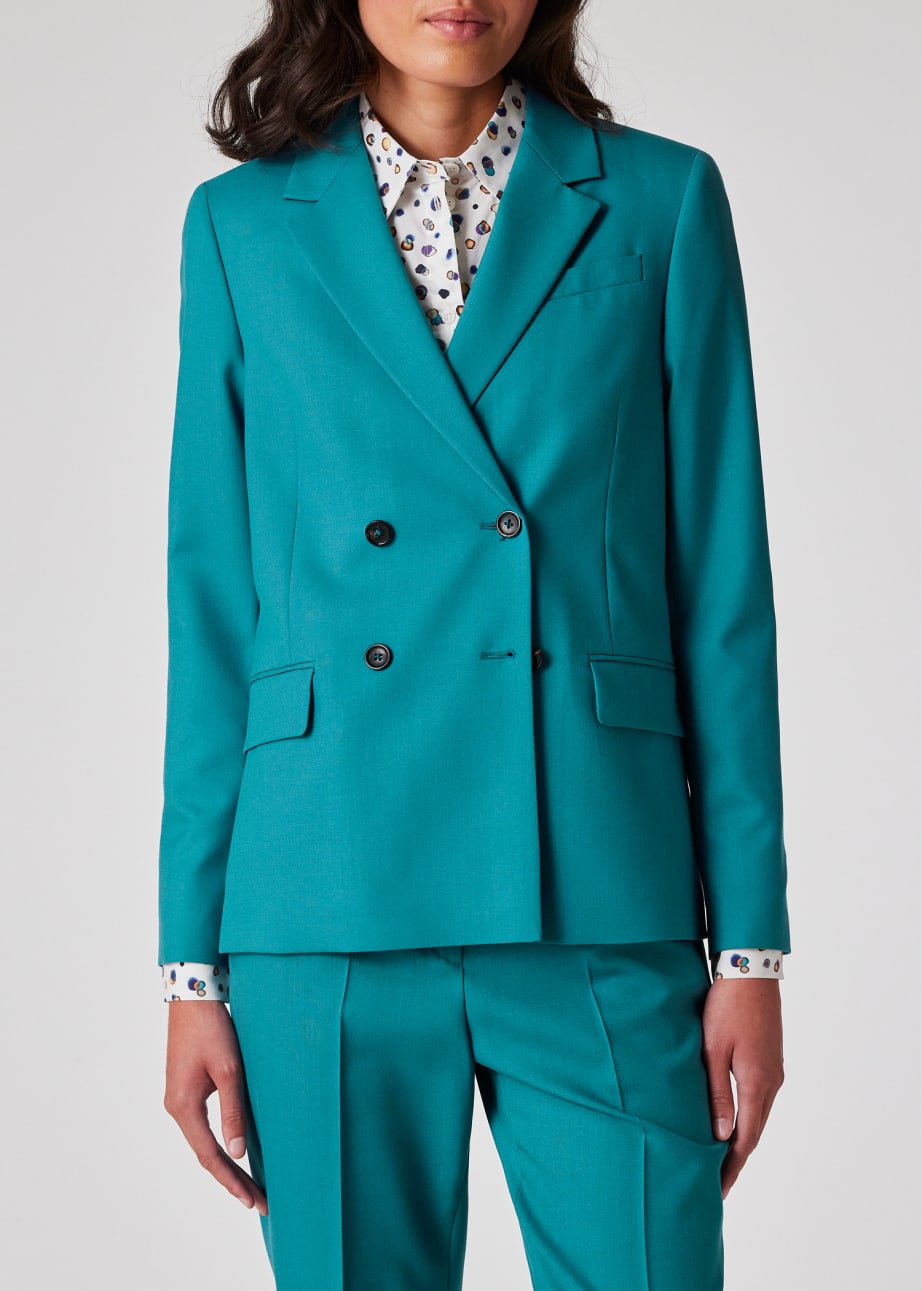 Women s Peacock Blue Wool Double Breasted Blazer