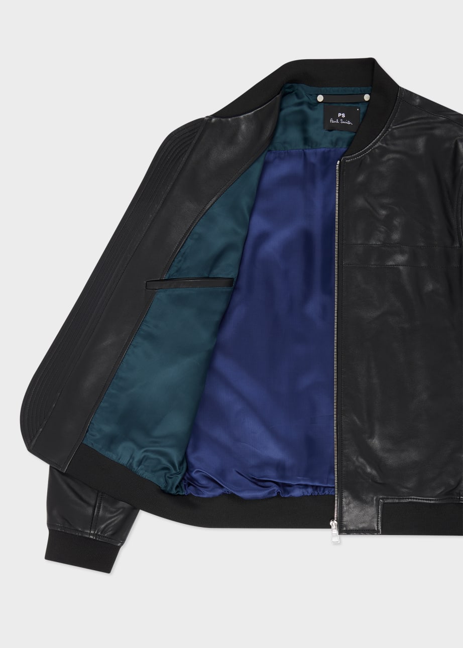 Detail View - Black Leather Bomber Jacket Paul Smith