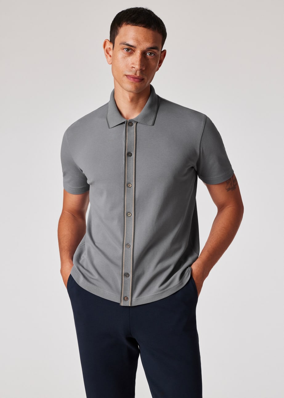Grey Stretch Cotton Polo Shirt With Two Tone Tipping