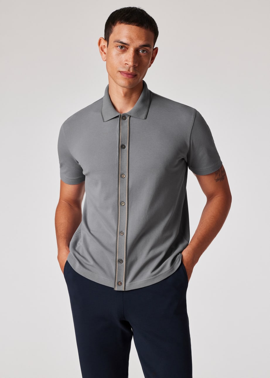 Model View - Grey Stretch-Cotton Polo Shirt With Two-Tone Tipping Paul Smith