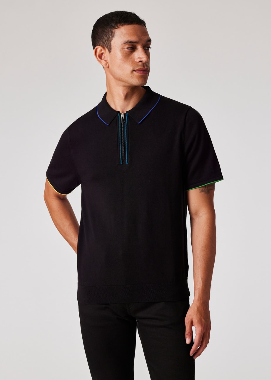 Model view - Black Knitted Cotton Zip Polo Shirt Paul Smith