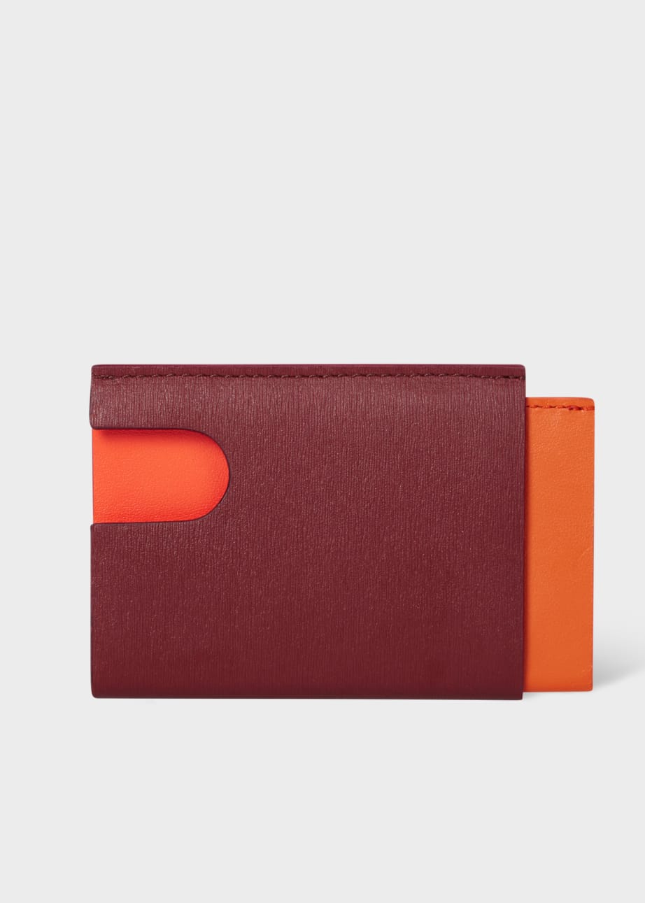 Burgundy and orange pop up textured leather card holder