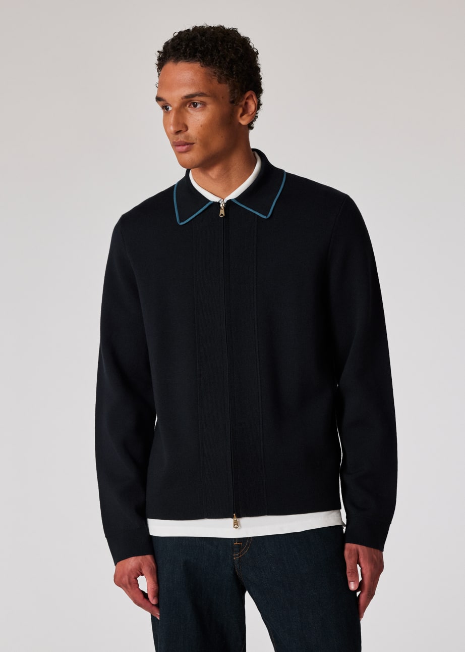 Model view - Navy Merino Wool-Blend Zip Cardigan Paul Smith