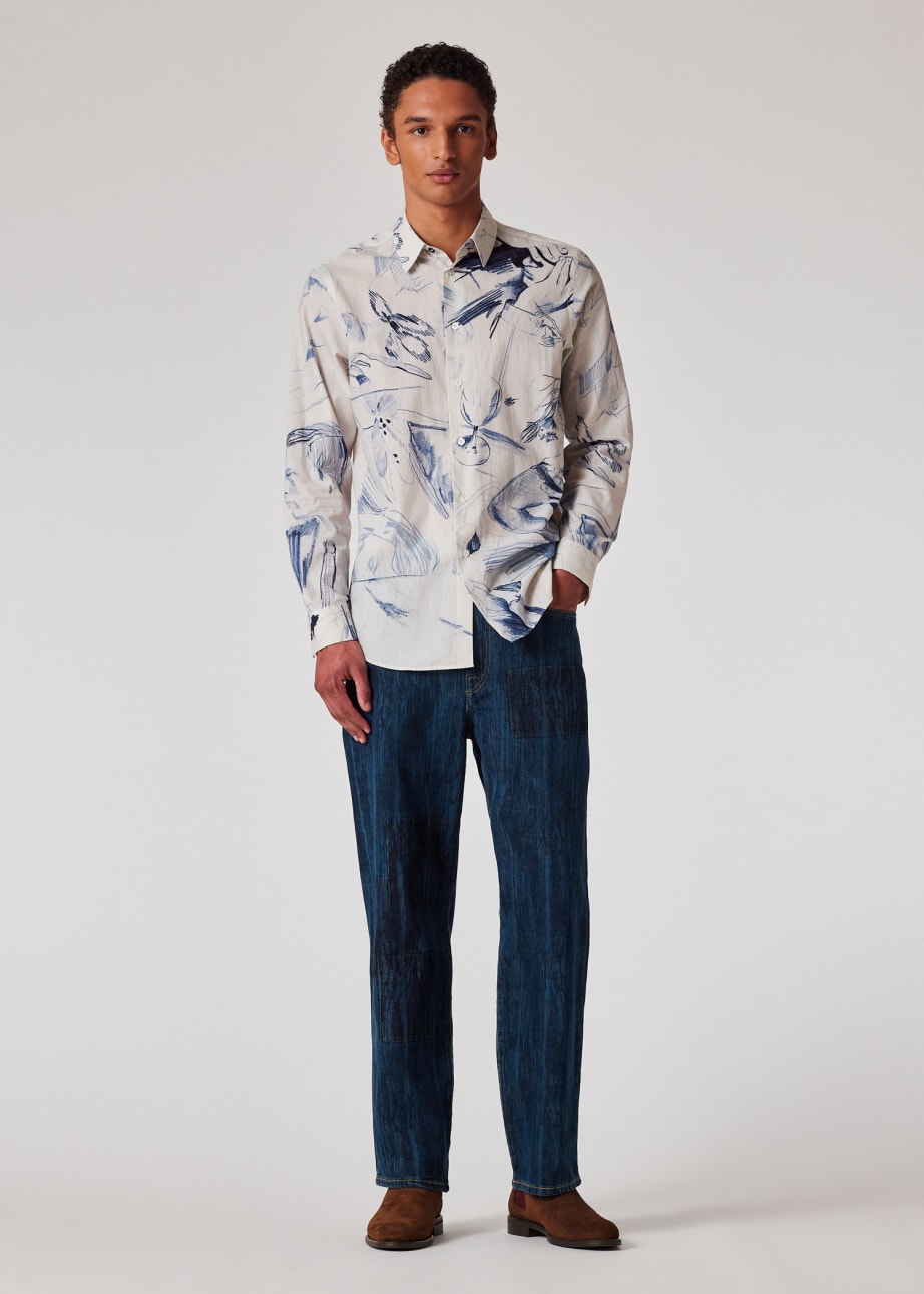 Model View - Ecru Blue 'Sketchbook' Print Cotton Shirt Paul Smith