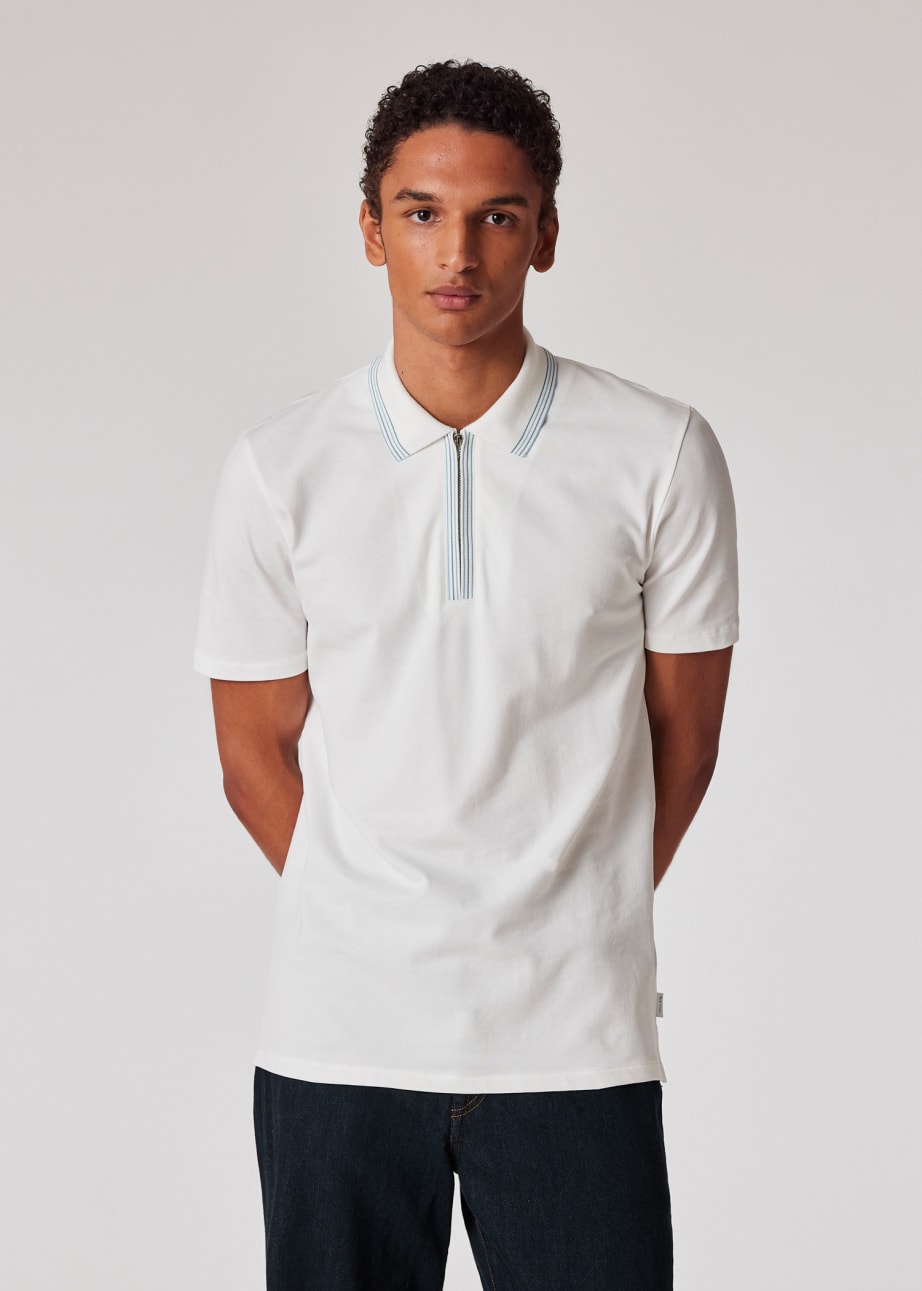 Model View - White Zip Neck Stretch-Cotton Polo Shirt With Blue Tipping Paul Smith