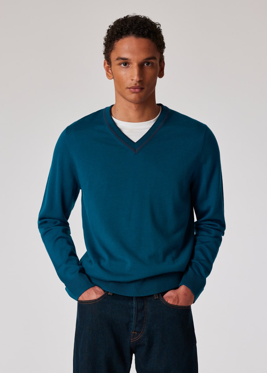 Model View - Cobalt Blue Merino Wool-Blend Contrast V-Neck Sweater Paul Smith