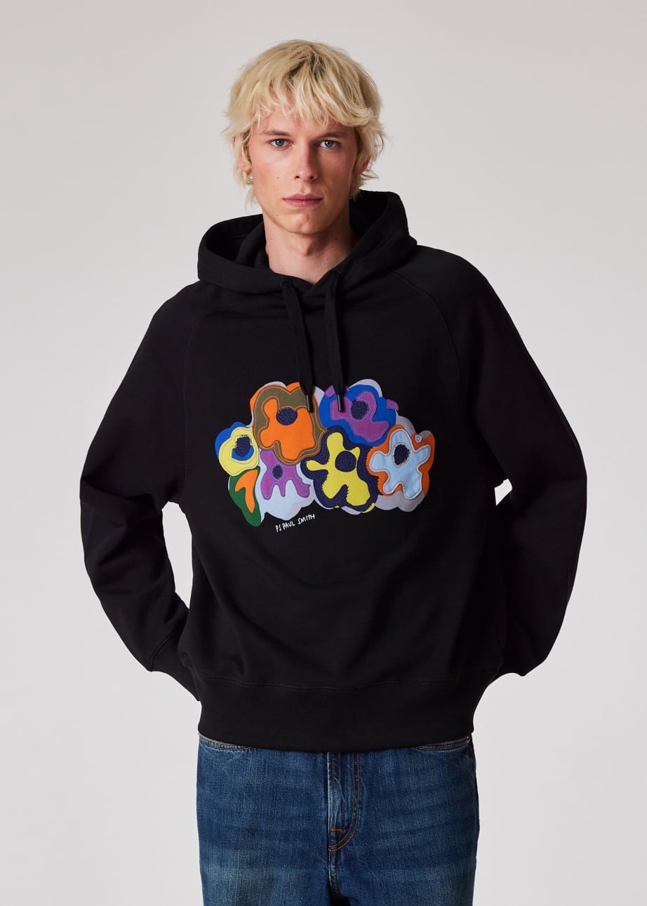 Model View - Black 'Bold Florals' Applique Hoodie Paul Smith