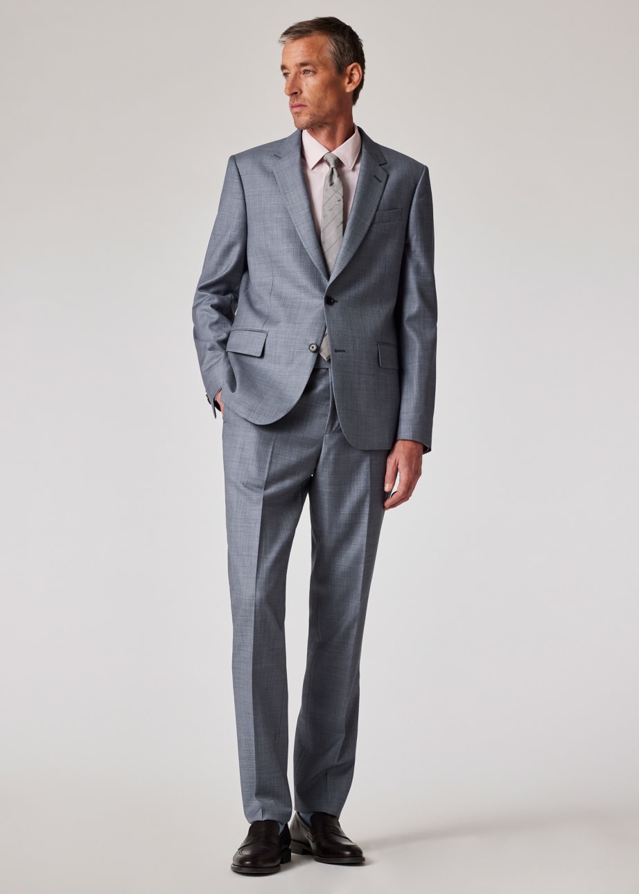 Model View - The Soho - Tailored-Fit Grey Blue Wool Sharkskin Suit Video