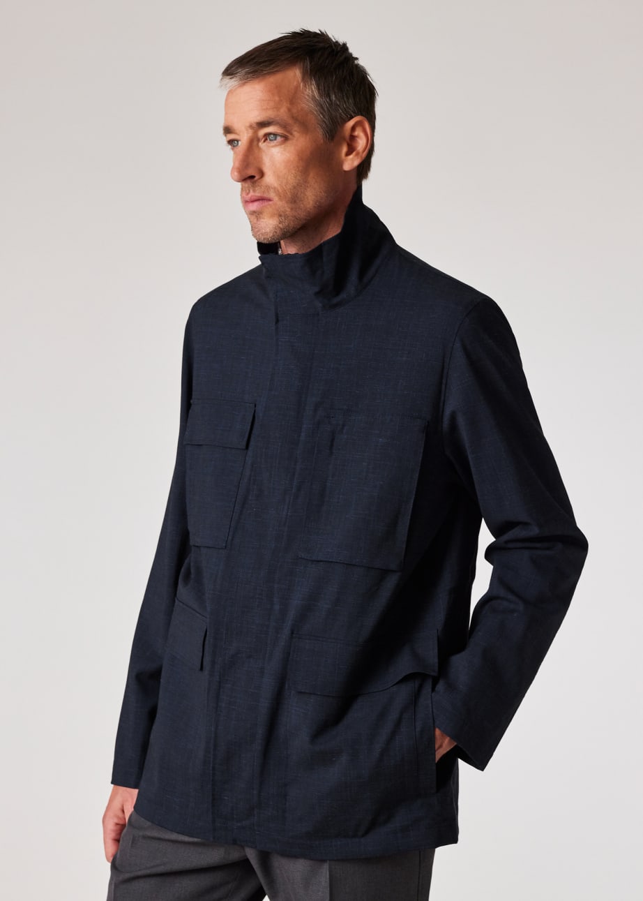 Model view - Navy Wool-Linen Water-Resistant Field Jacket Paul Smith