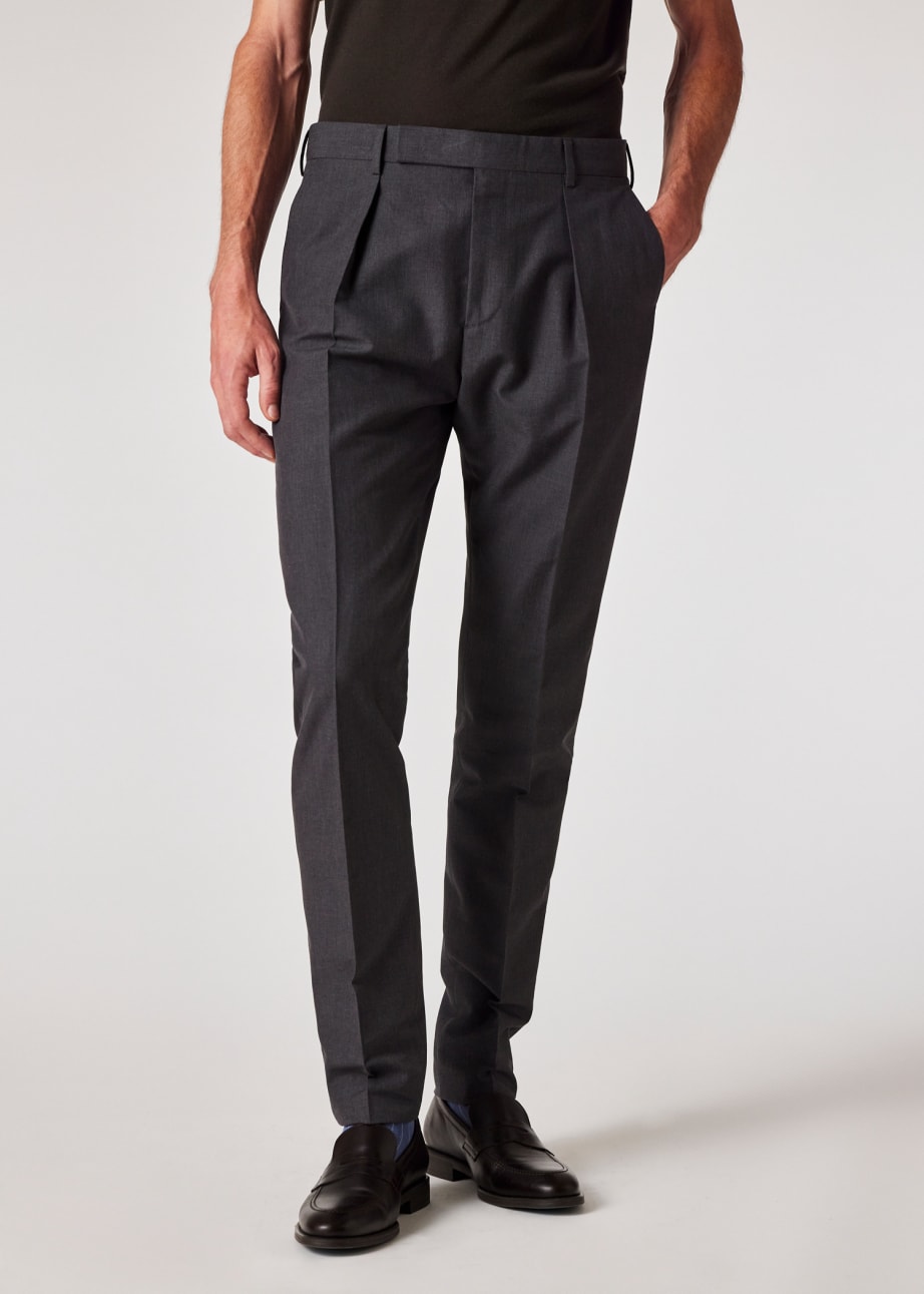 Model view - Tapered-Fit Dark Grey Wool-Cotton Pleated Trousers Paul Smith