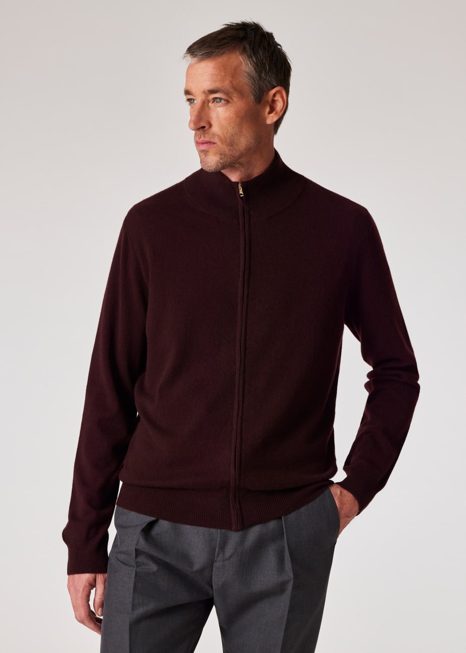 Model View - Burgundy Cashmere Full-Zip Cardigan Paul Smith