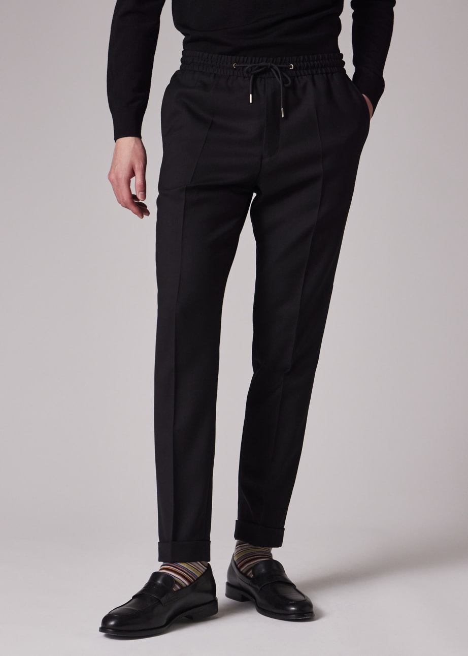 Model View - A Suit To Travel In - Men's Slim-Fit Black Drawstring-Waist Wool Trousers Paul Smith