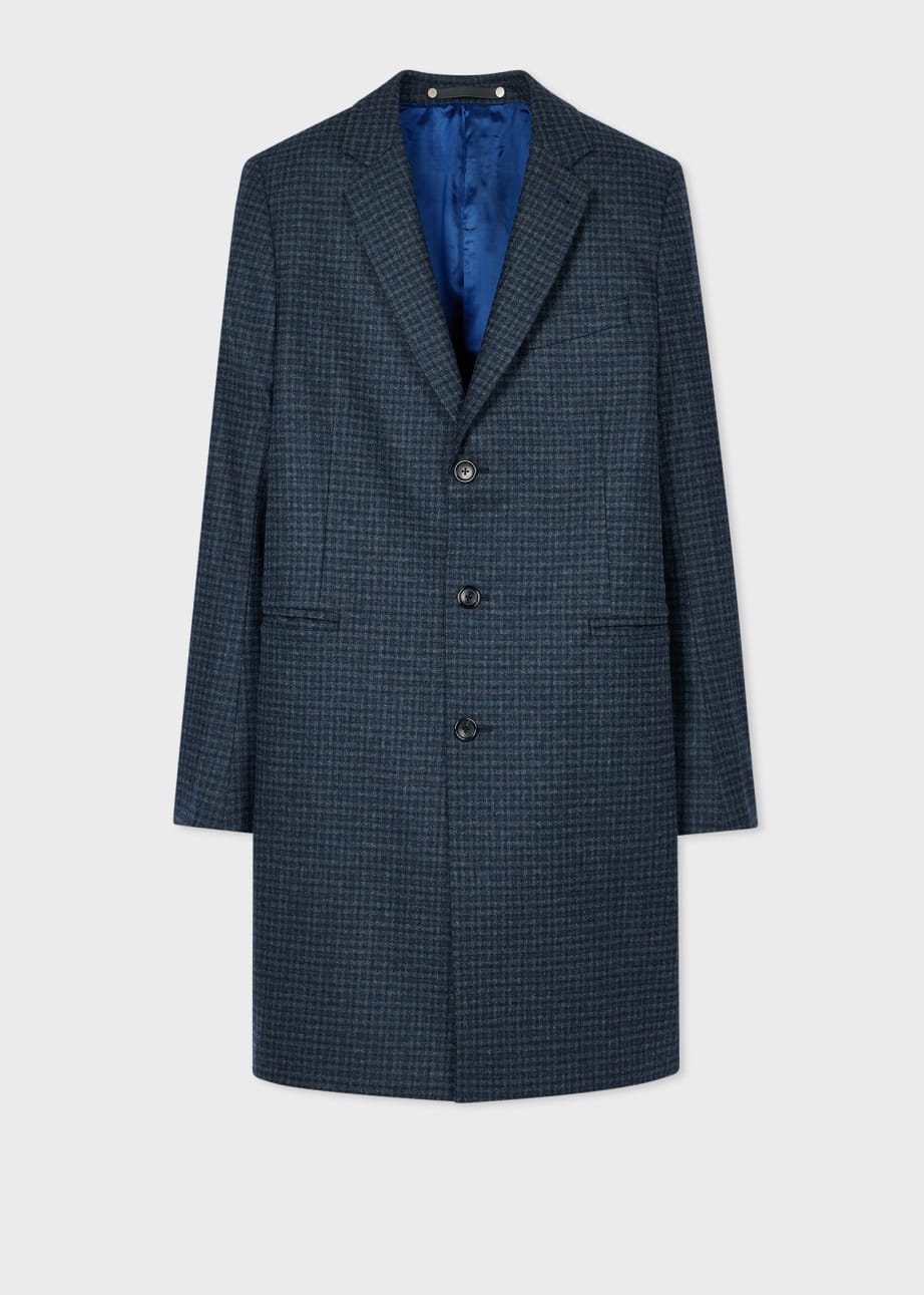 Front View - Navy and Grey Check Wool-Blend Overcoat Paul Smith