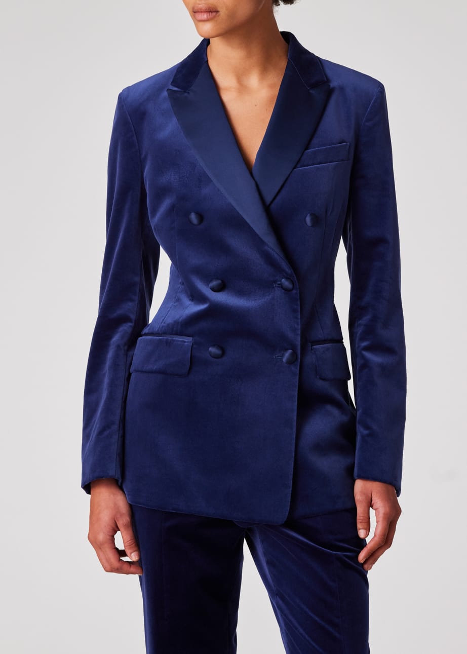 Model View - Women's Dark Blue Velvet Double-Breasted Tuxedo Blazer Paul Smith