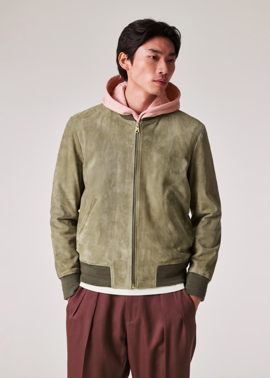 Khaki Green Suede Bomber Jacket