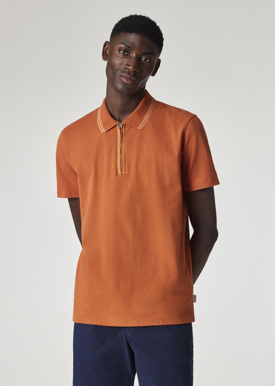 Model view - Burnt Orange Zip Neck Stretch-Cotton Polo Shirt Paul Smith