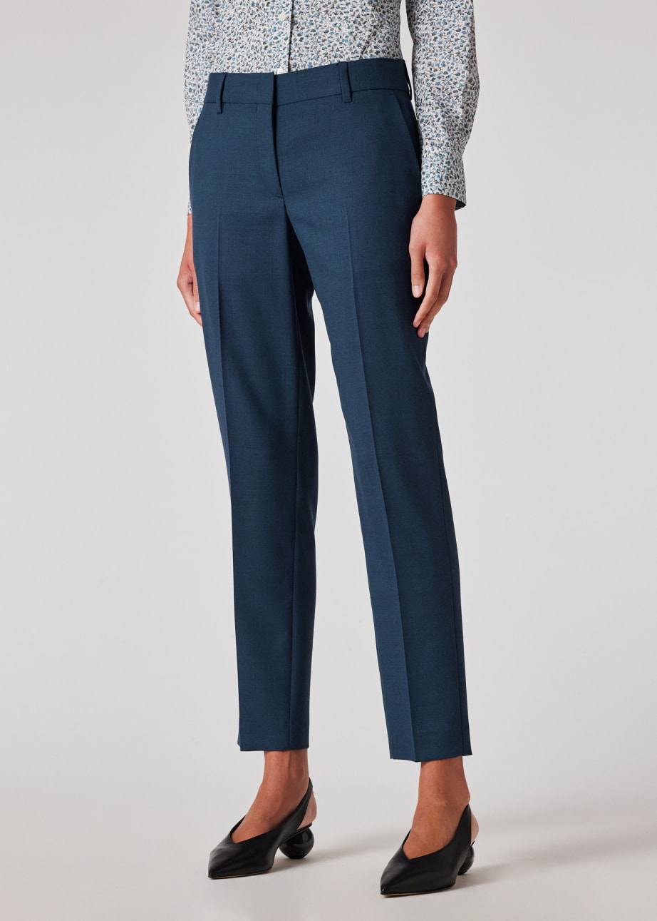 Model View - A Suit To Travel In - Women's Petrol Blue Slim-Fit Wool Trousers Paul Smith