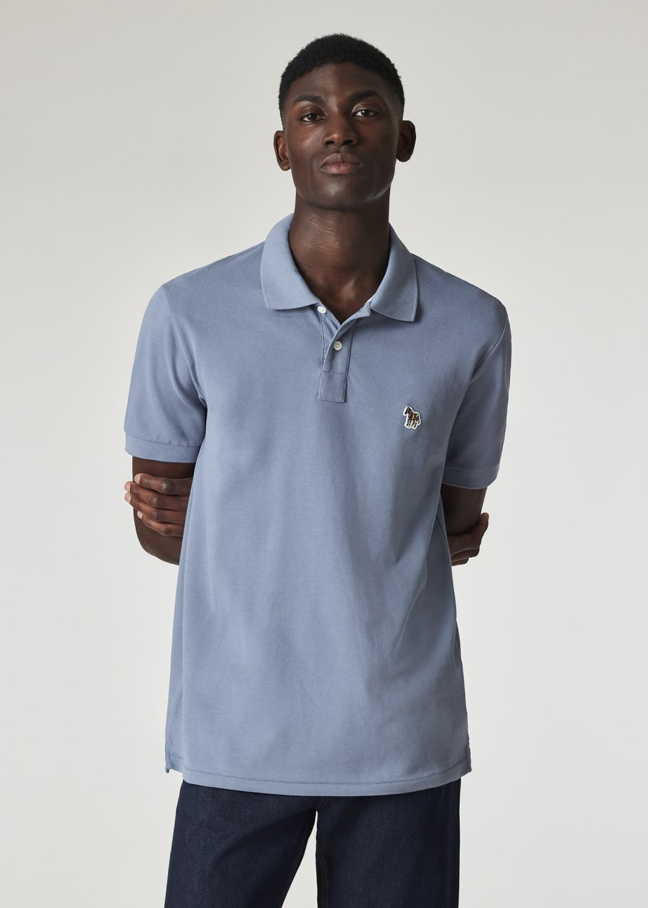 Model View - Men's Dusty Blue Organic Cotton Zebra Polo Shirt by Paul Smith