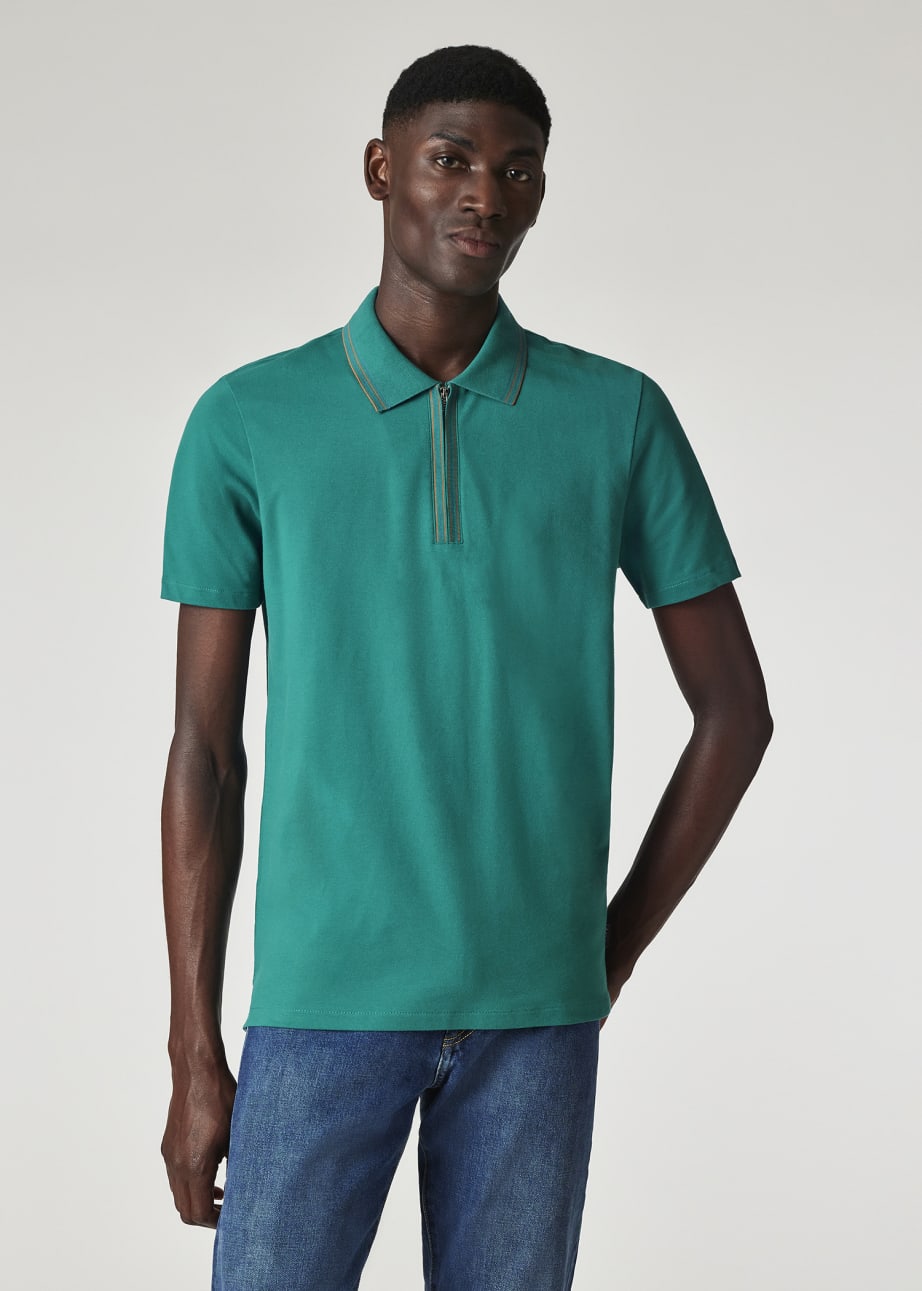 Model view - Teal Zip Neck Stretch-Cotton Polo Shirt Paul Smith