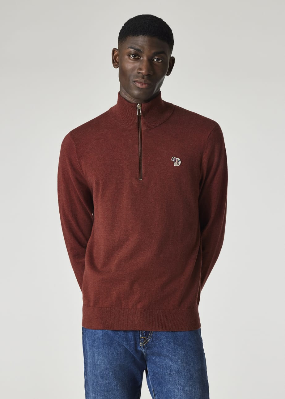 Model View - Burgundy Cotton-Blend Zebra Logo Half Zip Sweater Paul Smith