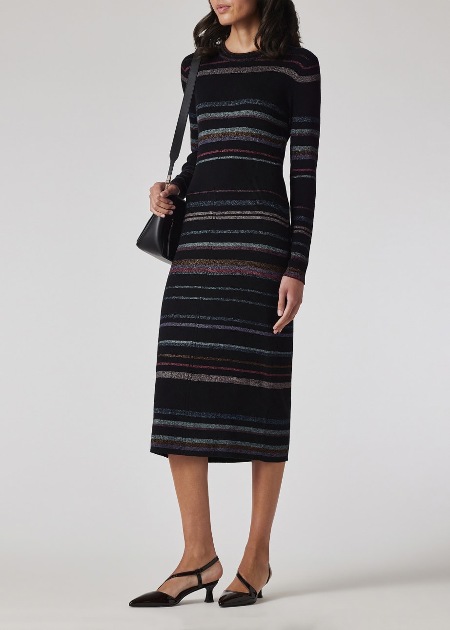 Model View - Women's Black 'Midnight Swirl' Glitter Stripe Knitted Dress Paul Smith