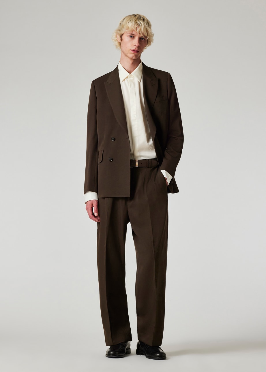 Men s Brown Wool Gabardine Wide Leg Trousers