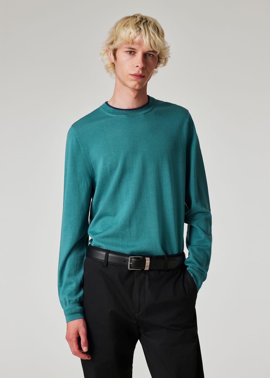 Model view - Teal Blue Merino Contrast-Collar Sweater Paul Smith