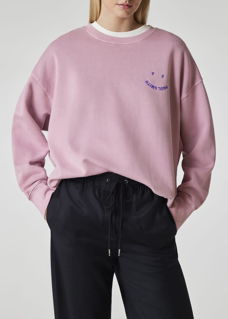 Model View - Women's Mauve Cotton Oversized 'Happy' Sweatshirt Paul Smith