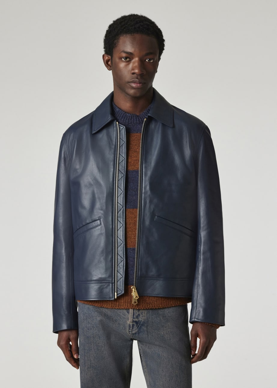 Model view  - Slim-Fit Dark Blue Leather Jacket Paul Smith