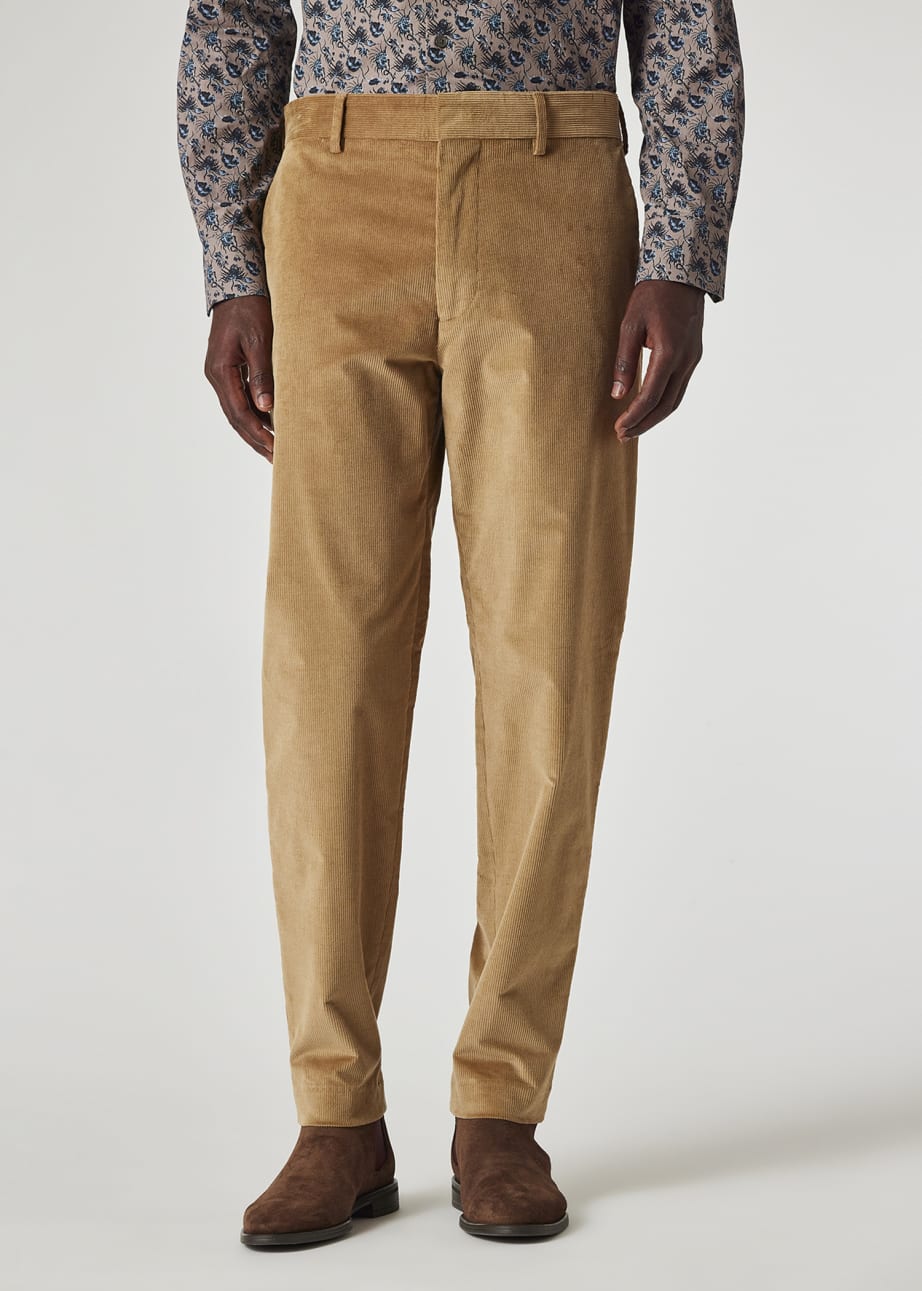 Model View - Tapered-Fit Tan Cotton-Blend Corduroy Trousers Paul Smith