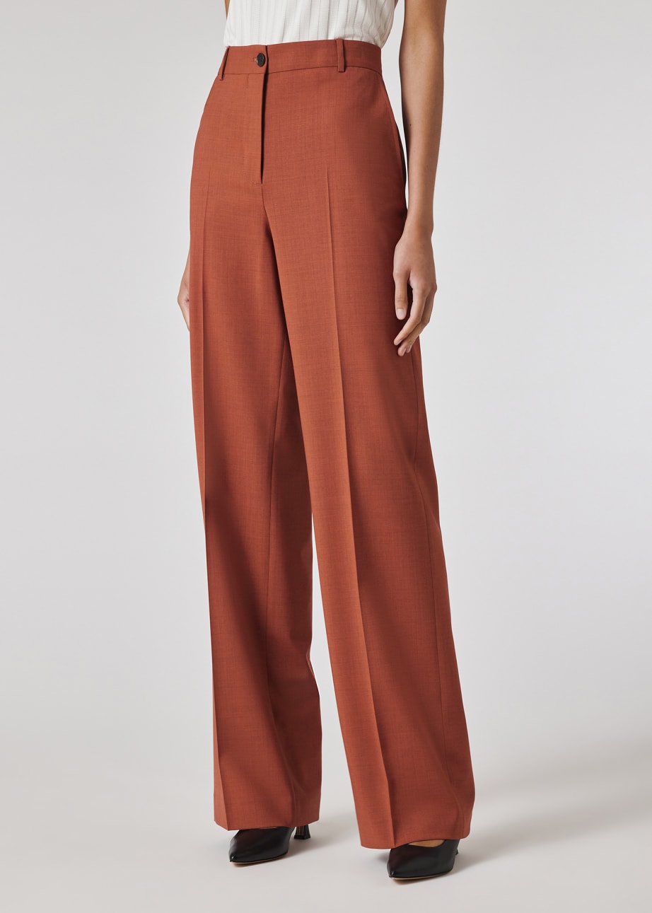 Model View - Women's Terracotta Overdyed Wool Wide Leg Trousers Paul Smith