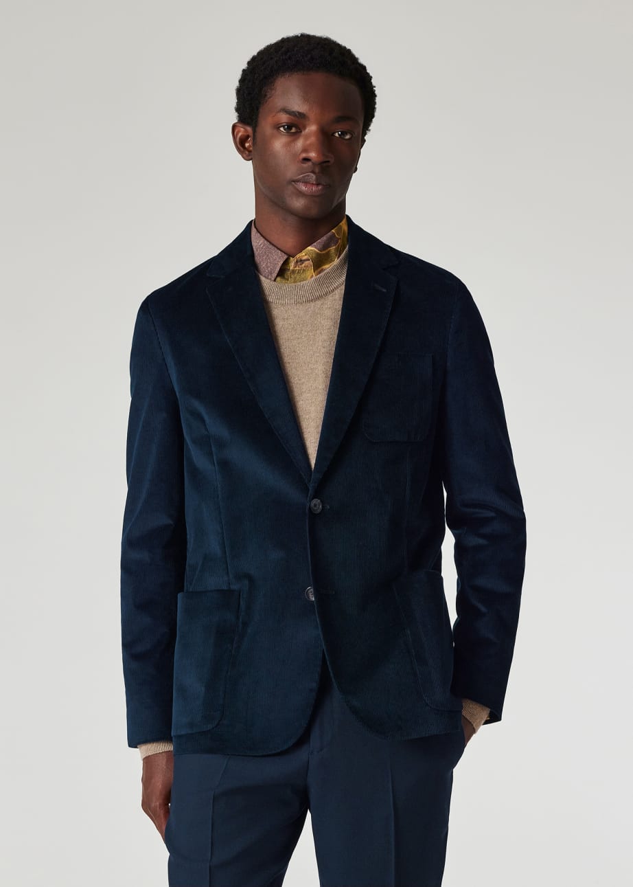 Model View - Navy Cotton-Blend Corduroy Unlined Blazer Paul Smith