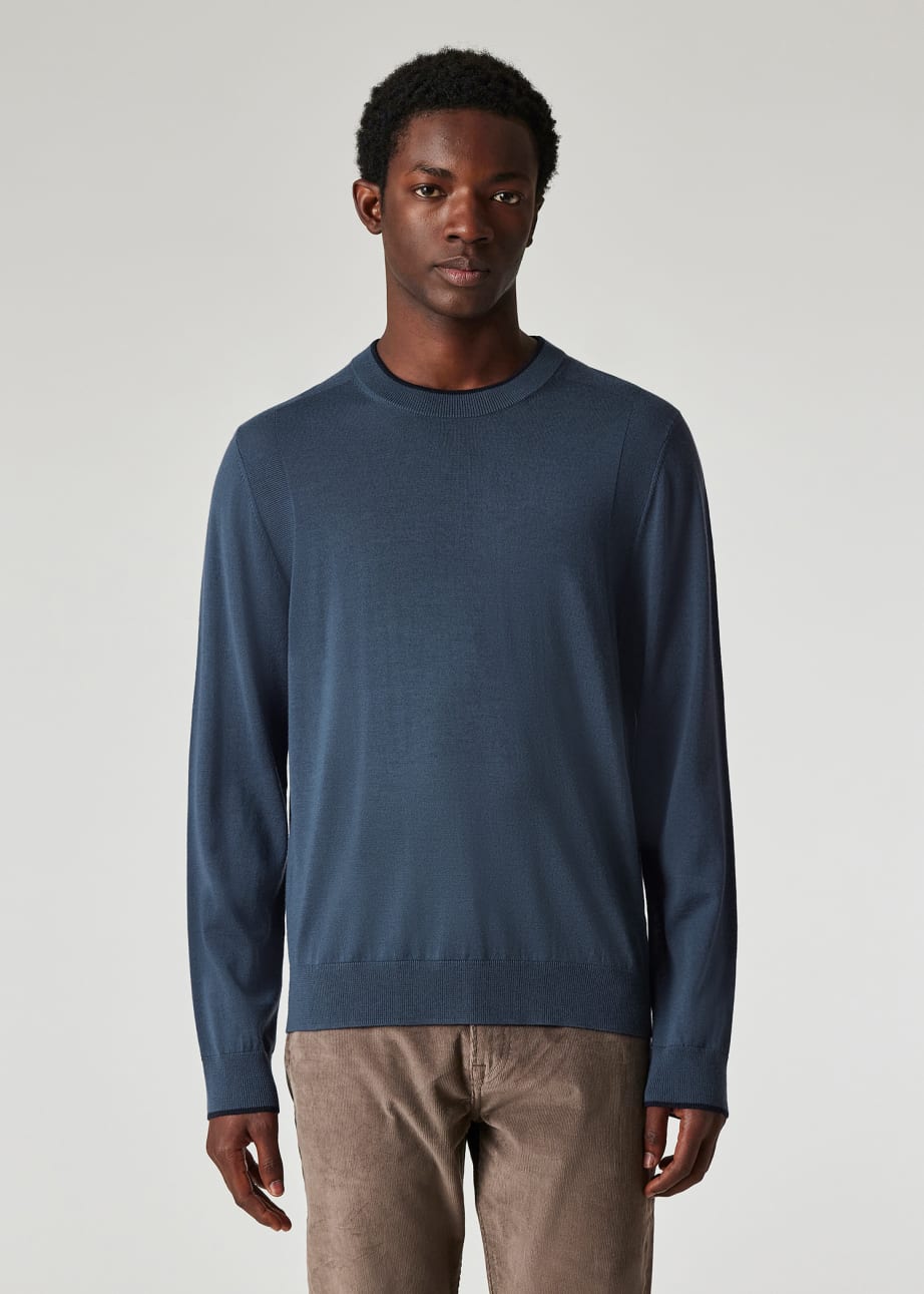 Model view - Stone Blue Washable Merino Wool Sweater Paul Smith