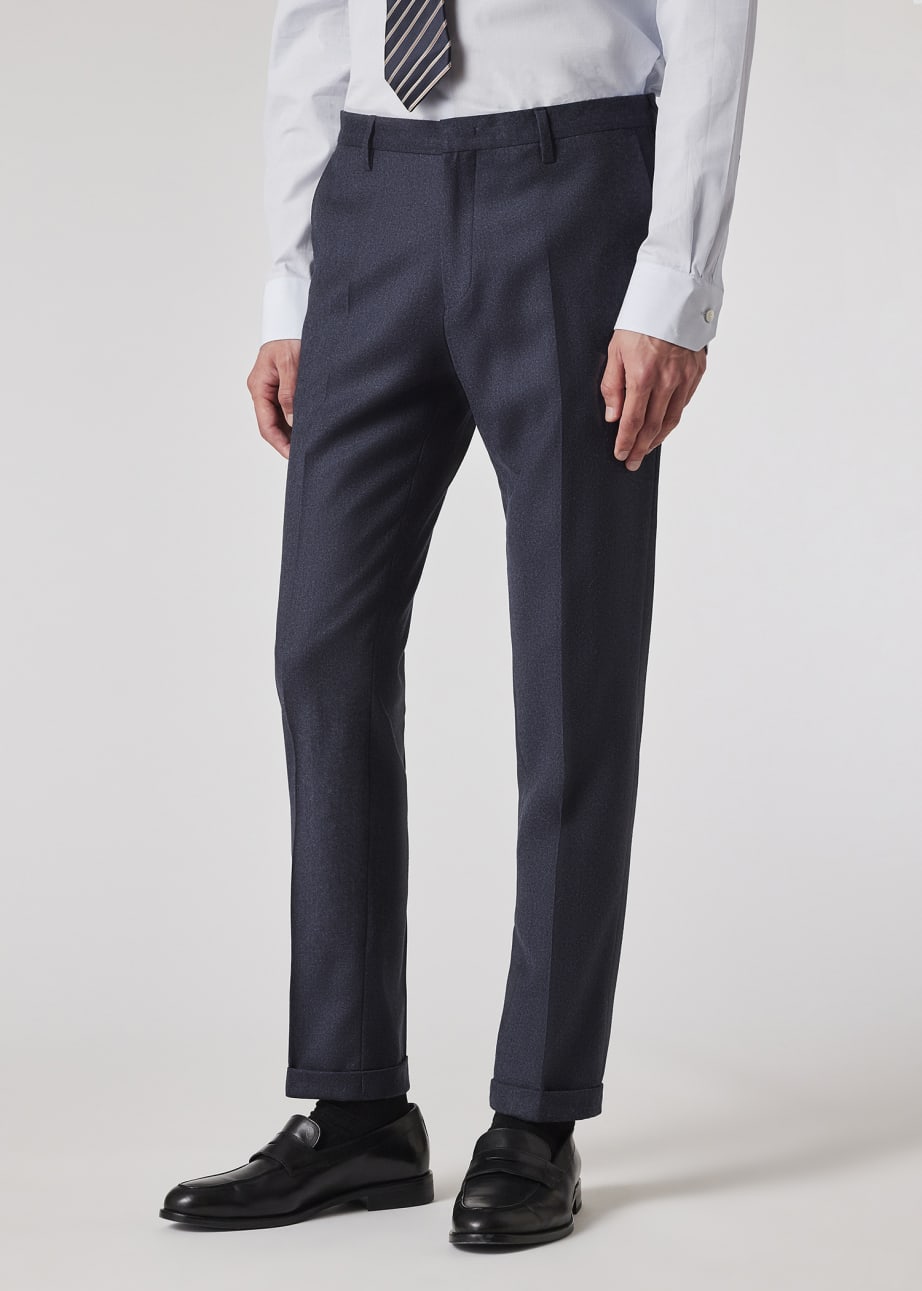 Model View - Slim-Fit Dark Blue Overdyed Wool-Cashmere Flannel Trousers Paul Smith