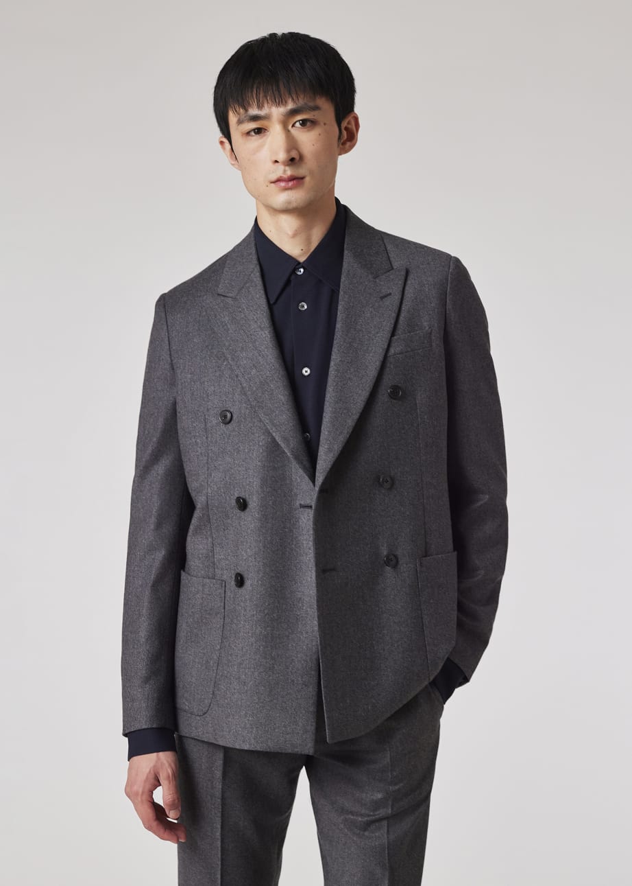 Model View - Charcoal Grey Overdyed Wool-Cashmere Flannel Double-Breasted Blazer Paul Smith