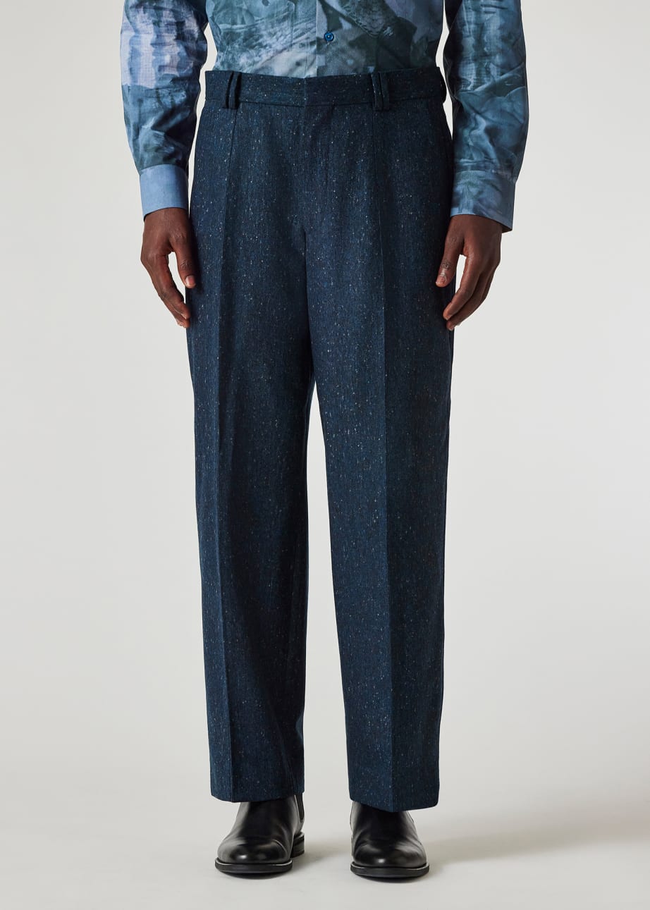 Model View - Navy Flecked Wool Wide Leg Trousers Paul Smith