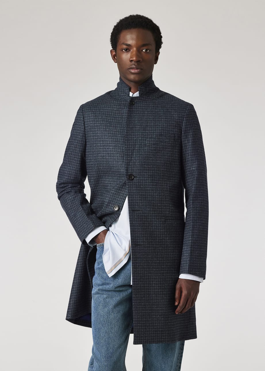 Model View - Navy and Grey Check Wool-Blend Overcoat Paul Smith