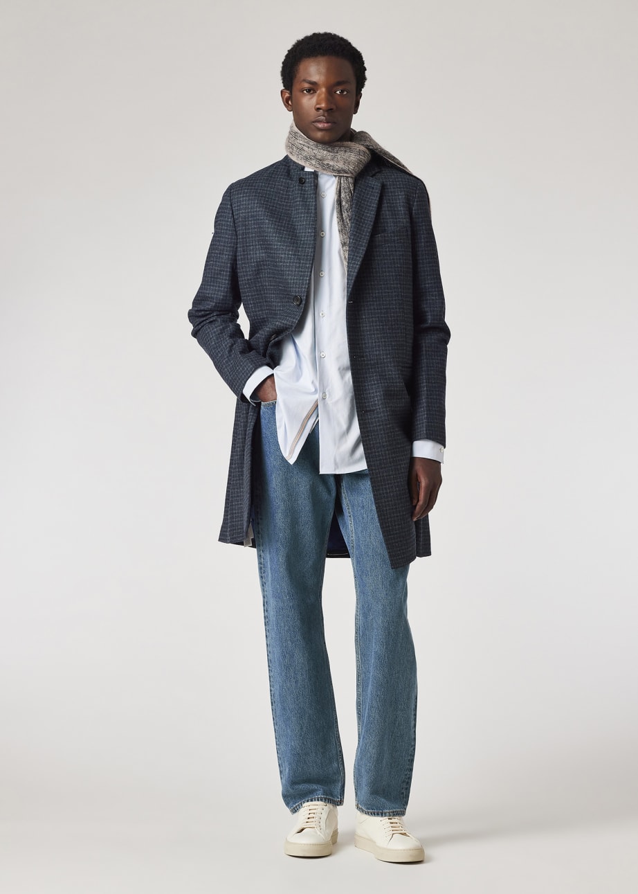 Men s Navy and Grey Check Wool Blend Overcoat