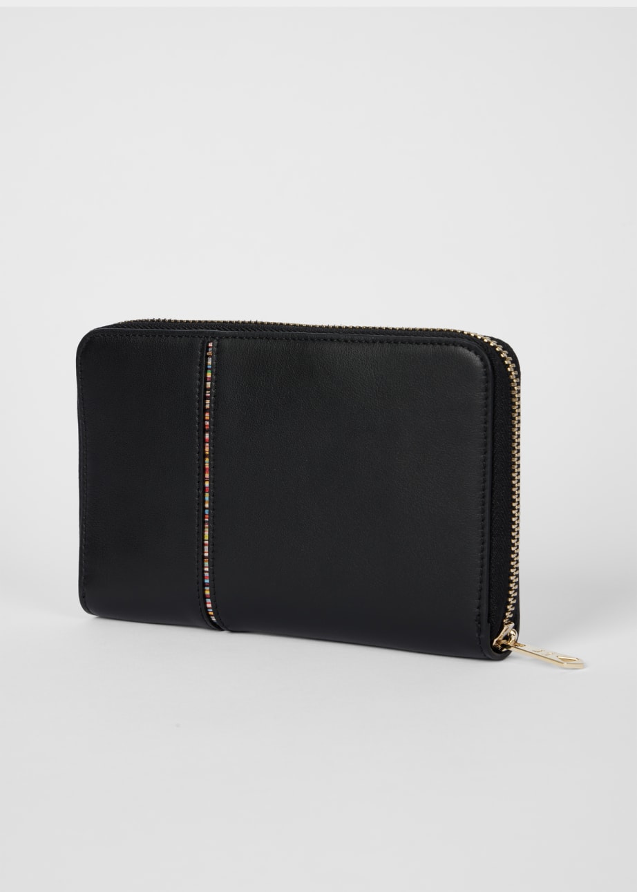 Women s Black Leather Signature Stripe Zip Around Purse