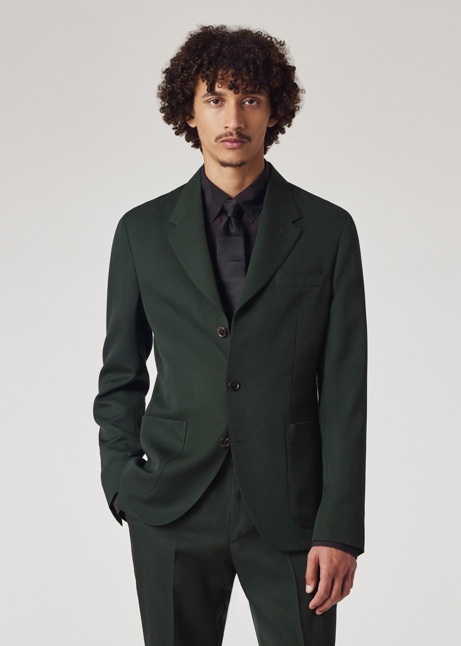 Model View - Slim-Fit Forest Green Wool Gabardine Three-Button Blazer Paul Smith