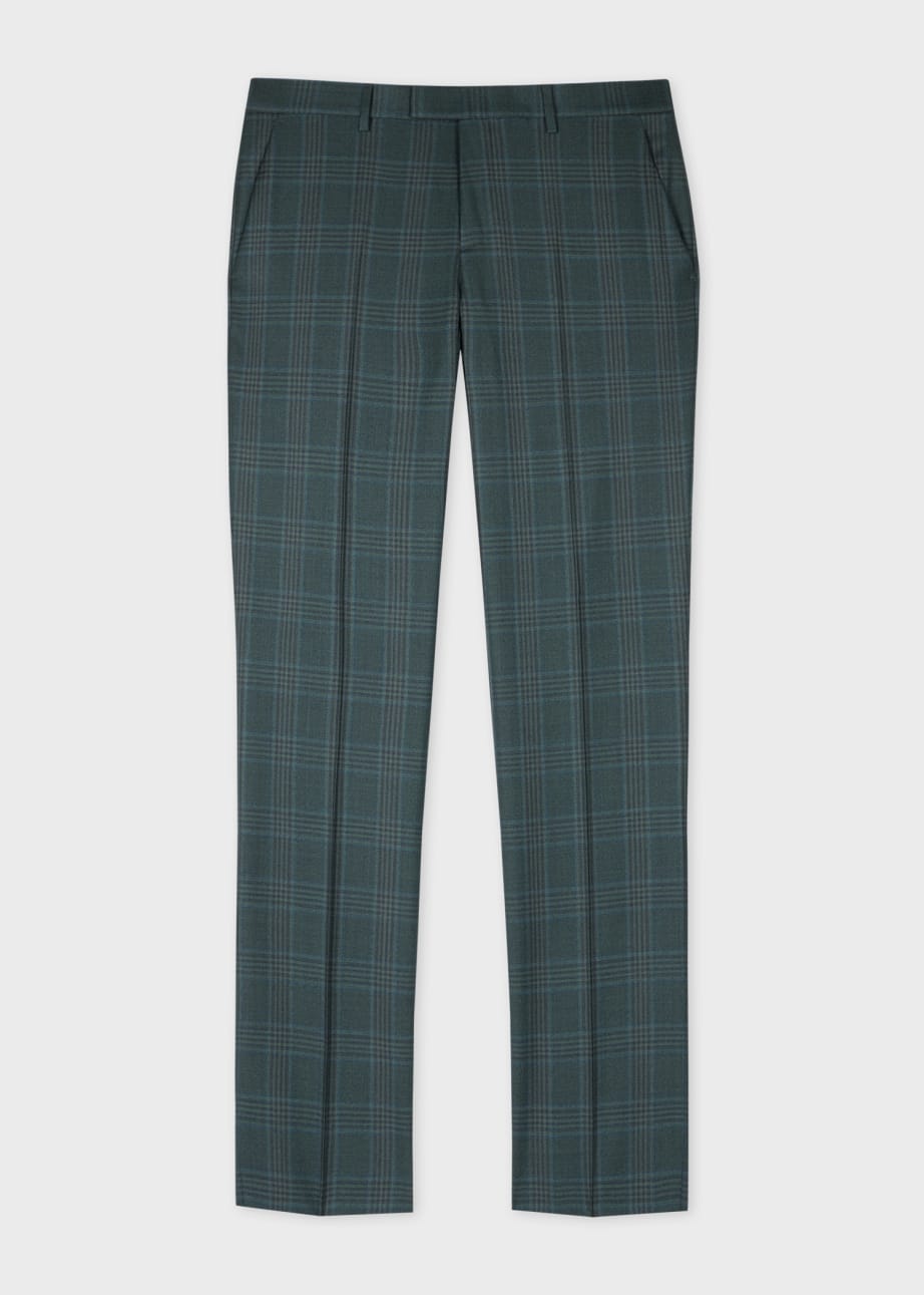 Men's Tapered-Fit Teal Green Check Wool Trousers