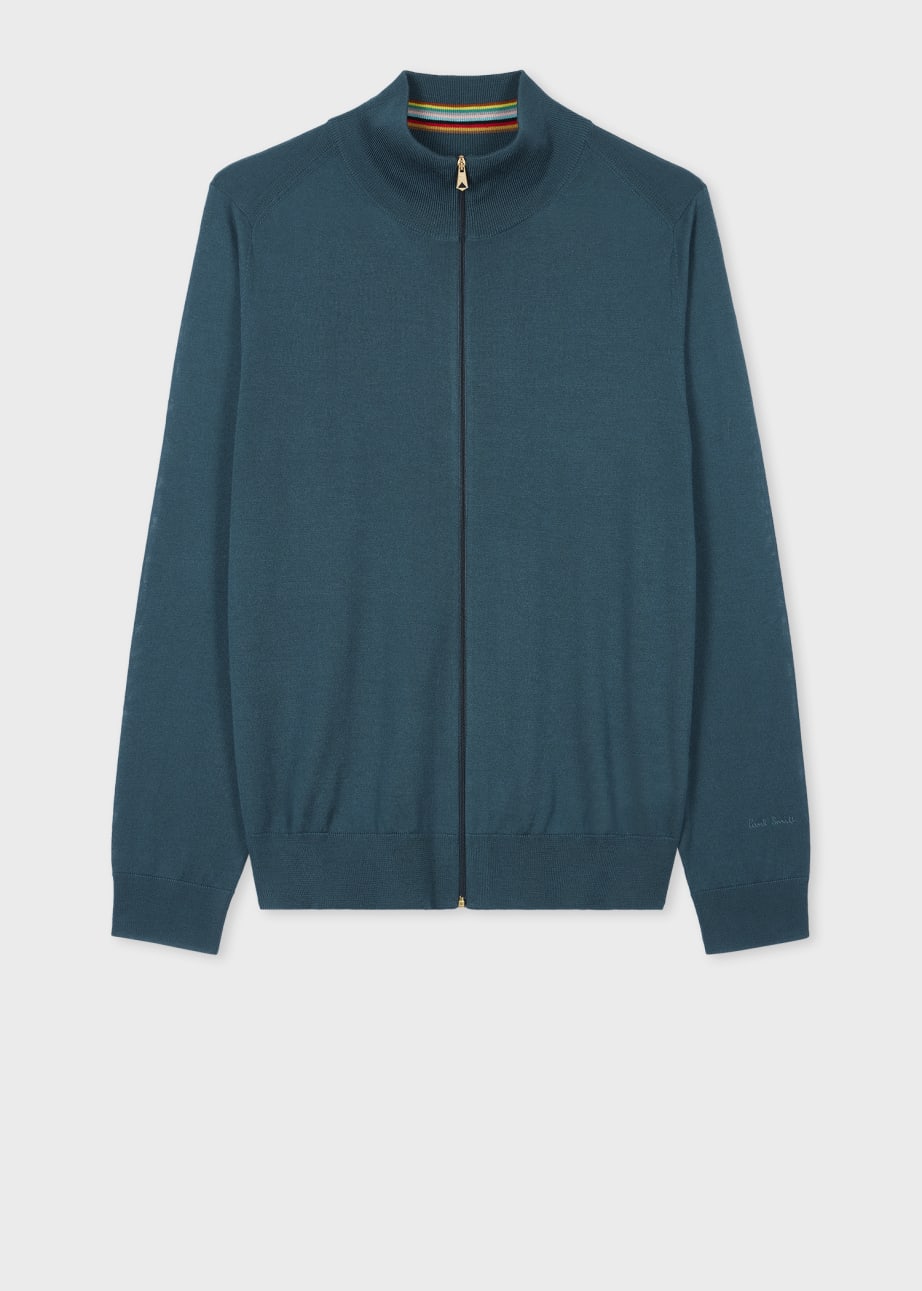 Petrol Blue Merino Wool Full Zip Cardigan