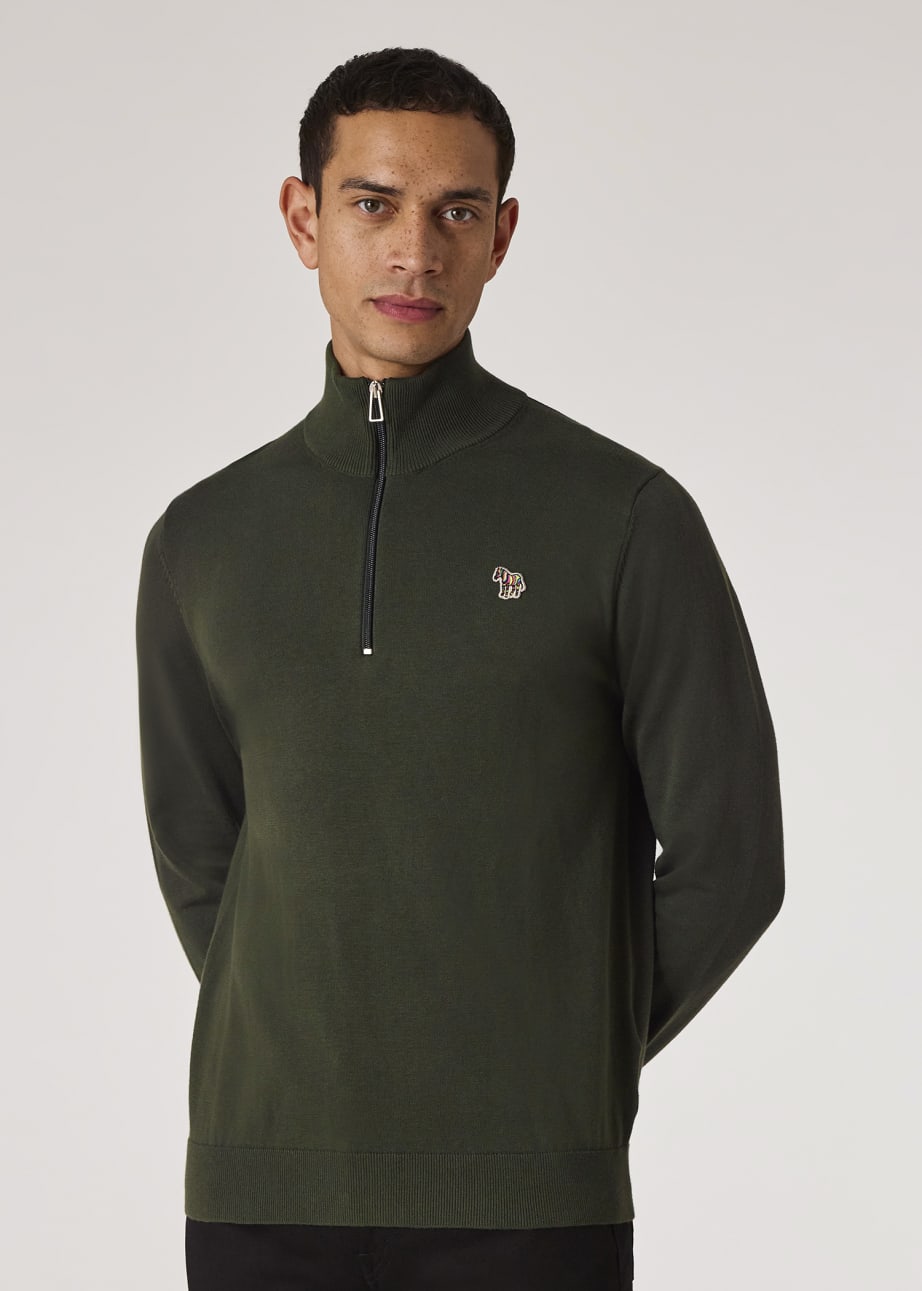 Men's Khaki Organic Cotton Half Zip Zebra Logo Sweater