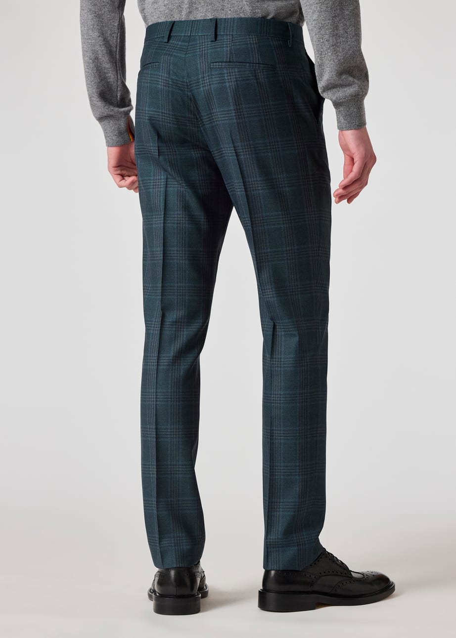 Men's Tapered-Fit Teal Green Check Wool Trousers